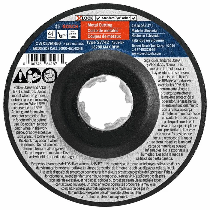 4-1/2 In. x .098 In. X-LOCK Arbor Type 27A (ISO 42) 30 Grit Metal Cutting and Grinding Abrasive Wheel CWX27M450