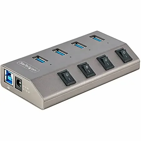 4-Port Self-Powered USB-C Hub with Individual On/Off Switch, Desktop/Laptop USB-C to USB-A Hub, USB Type C Hub w/Power Supply