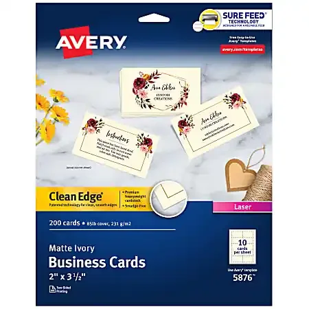 Avery® Clean Edge® Printable Business Cards With Sure Feed® Technology For Laser Printers, 2″ x 3.5″, Ivory, 200 Blank Cards