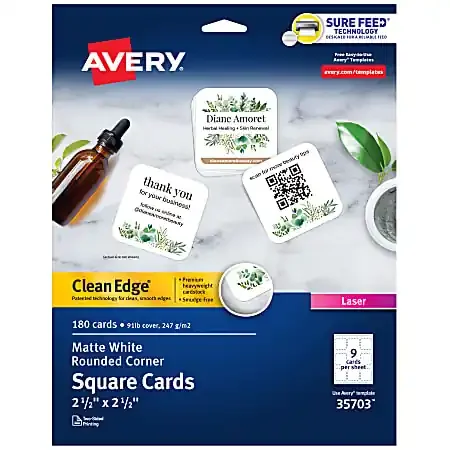 Avery® Clean Edge® Printable Square Cards With Sure Feed Technology & Rounded Corners, 2.5″ x 2.5″, White, 180 Blank Cards For Laser Printers