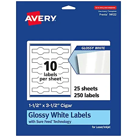 Avery® Glossy Permanent Labels With Sure Feed®, 94122-WGP25, Cigar, 1-1/2″ x 3-1/2″, White, Pack Of 250