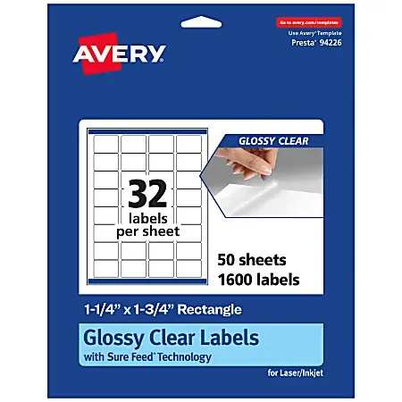 Avery® Glossy Permanent Labels With Sure Feed®, 94226-CGF50, Rectangle, 1-1/4″ x 1-3/4″, Clear, Pack Of 1,600