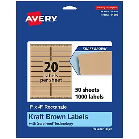 Avery® Kraft Permanent Labels With Sure Feed®, 94202-KMP50, Rectangle, 1″ x 4″, Brown, Pack Of 1,000