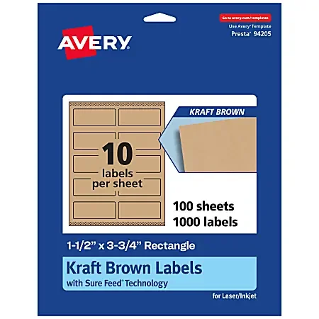 Avery® Kraft Permanent Labels With Sure Feed®, 94205-KMP100, Rectangle, 1-1/2″ x 3-3/4″, Brown, Pack Of 1,000