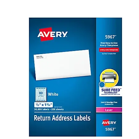 Avery® Laser Address Labels With Sure Feed® Technology, Return, AVE5967, 1/2″ x 1 3/4″, White, Pack Of 20,000