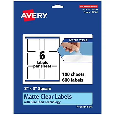 Avery® Permanent Labels With Sure Feed®, 94101-CMF100, Square, 3″ x 3″, Matte Clear, Pack Of 600