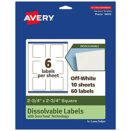 Avery® Print-to-the-Edge Dissolvable Labels With Sure Feed® Technology, 94109-DWMP10, Square, 2-3/4″x2-3/4″, Matte Off-White, Pack Of 60