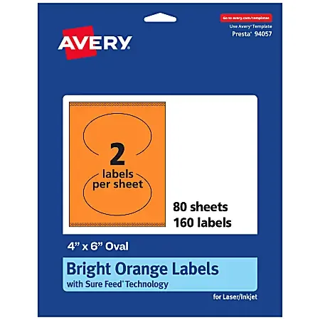 Avery® Print-To-The-Edge Labels With Sure Feed® Technology, 94057-BOP80, Oval, 4″ x 6″, Matte Bright Orange, Pack of 160