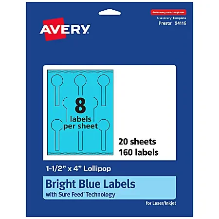 Avery® Print-To-The-Edge Labels With Sure Feed® Technology, 94116-BBP20, Lollipop, 1-1/2″ x 4″, Matte Bright Blue, Pack of 160