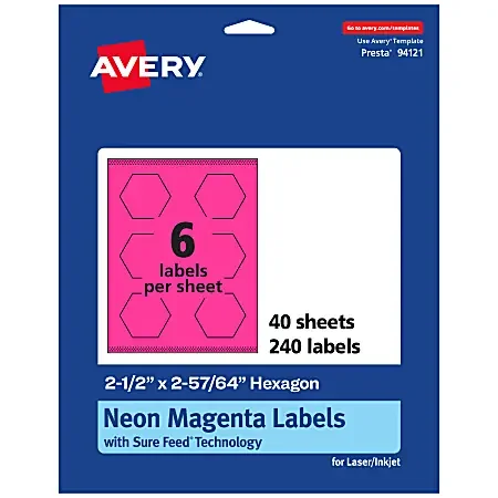 Avery® Print-To-The-Edge Labels With Sure Feed® Technology, 94121-NMP40, Hexagon, 2-1/2″ x 2-57/64″, Matte Neon Magenta, Pack of 240