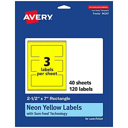 Avery® Print-To-The-Edge Labels With Sure Feed® Technology, 94247-NYP40, Rectangle, 2-1/2″ x 7″, Matte Neon Yellow, Pack of 120