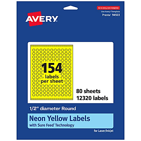Avery® Print-To-The-Edge Labels With Sure Feed® Technology, 94503-NYP80, Round, 1/2″, Matte Neon Yellow, Pack of 12320