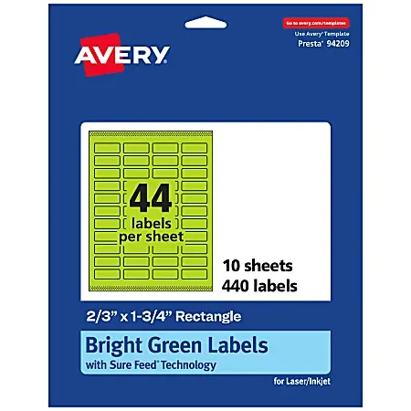 Avery® Print-To-The-Edge Labels With Sure Feed® Technology And Easy Peel®, 94209-BGP10, Rectangle, 2/3″ x 1-3/4″, Matte Bright Green, Pack of 440