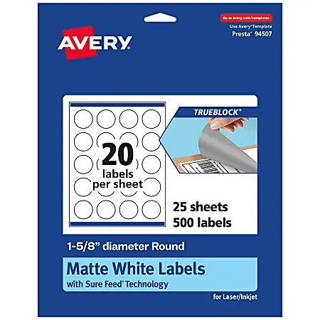 Avery® Print-To-The-Edge TrueBlock® Labels With Sure Feed®, 94507-TWMP25, Round, 1-5/8″, Matte White, Pack Of 500