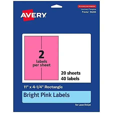 Avery® Printable Labels, 94266-BPP20, Rectangle, 11″ x 4-1/4″, Matte Bright Pink, Pack of 40