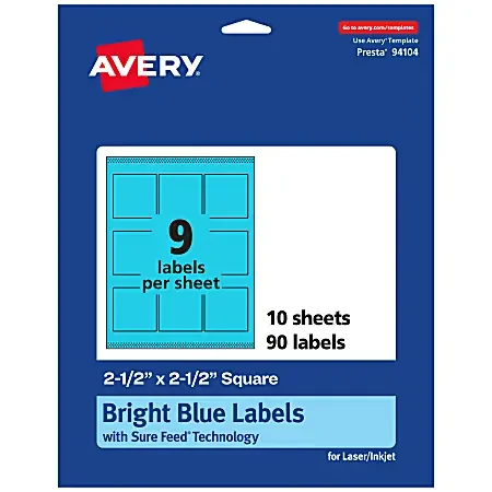 Avery® Printable Labels With Sure Feed® Technology, 94104-BBP10, Square, 2-1/2″ x 2-1/2″, Matte Bright Blue, Pack of 90