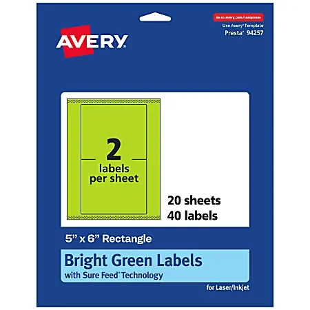 Avery® Printable Labels With Sure Feed® Technology, 94257-BGP20, Rectangle, 5″ x 6″, Matte Bright Green, Pack of 40