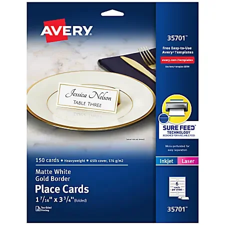 Avery® Printable Place Cards With Sure Feed Technology, 1-7/16″ x 3-3/4″, White With Gold Border, 150 Blank Place Cards