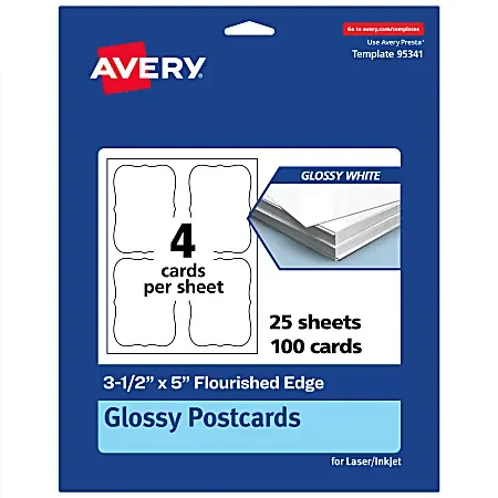 Avery® Printable Postcards With Sure Feed® Technology, 3-1/2″ x 5″ Rectangle Flourished Edge, Glossy White, Pack Of 100