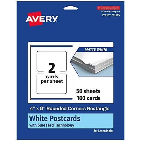 Avery® Printable Postcards With Sure Feed® Technology, 4″ x 6″ Rectangle Rounded Corners, Matte White, Pack Of 100