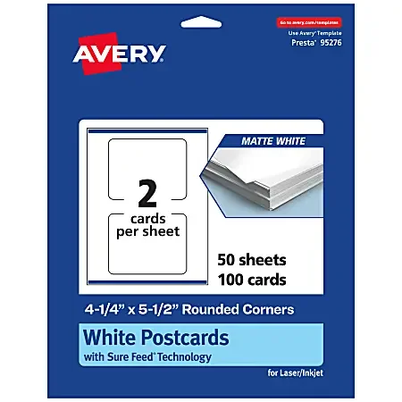 Avery® Printable Postcards With Sure Feed® Technology, 95276-MWC50, Rectangle Rounded Corner, 4.25″ x 5.5″, Matte White, Pack Of 100