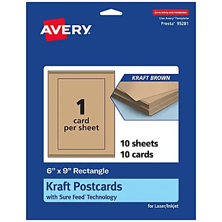 Avery® Printable Postcards With Sure Feed® Technology, 95281-KMC10, Rectangle, 6″ x 9″, Kraft Brown, Pack Of 10