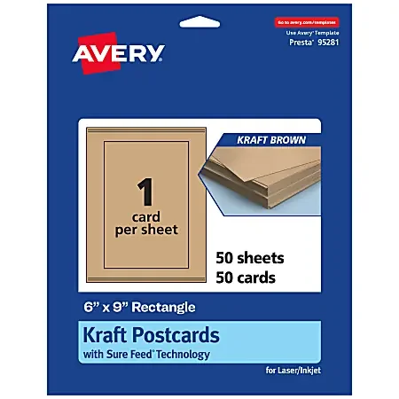 Avery® Printable Postcards With Sure Feed® Technology, 95281-KMC50, Rectangle, 6″ x 9″, Kraft Brown, Pack Of 50