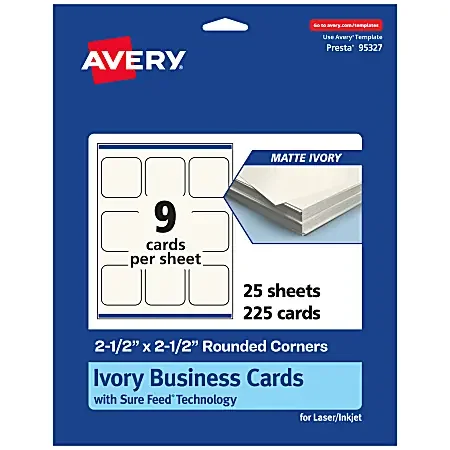 Avery® Printable Rounded Corner Business Cards With Sure Feed® Technology, Print-To-The-Edge, 2.5″x2.5″, Matte Ivory, Pack Of 225