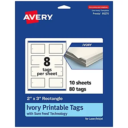 Avery® Printable Tags With Sure Feed® Technology, 95270-MIT10, Rectangle, 2″ x 3″, Matte Ivory, Pack Of 80