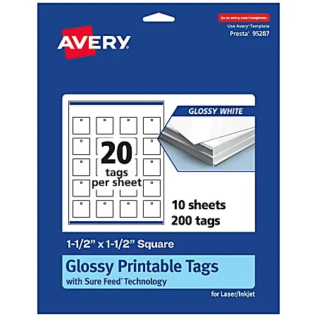 Avery® Printable Tags With Sure Feed® Technology, Print-To-The-Edge, 1.5″x1.5″, Glossy White, Pack Of 200