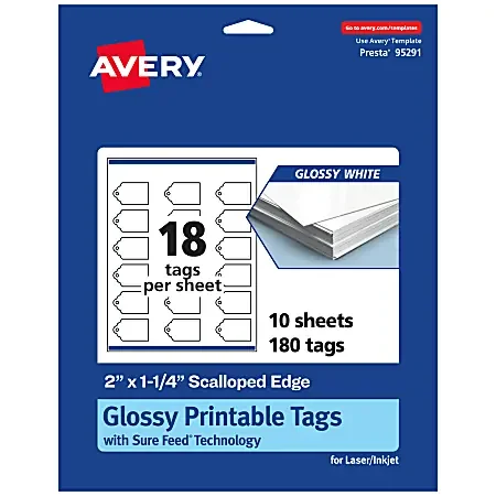Avery® Printable Tags With Sure Feed® Technology, Print-To-The-Edge, 2″x1.25″, Glossy White, Pack Of 180