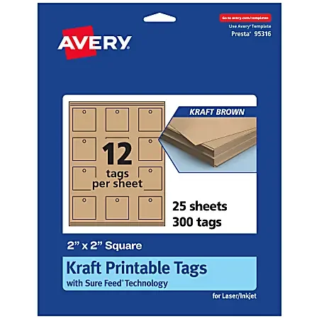 Avery® Printable Tags With Sure Feed® Technology, Print-To-The-Edge, 2″x2″, Kraft Brown, Pack Of 300