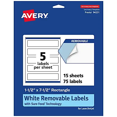 Avery® Removable Labels With Sure Feed®, 94231-RMP15, Rectangle, 1-1/2″ x 7-1/2″, White, Pack Of 75 Labels