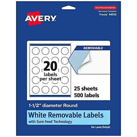 Avery® Removable Labels With Sure Feed®, 94506-RMP25, Round, 1-1/2″ Diameter, White, Pack Of 500 Labels
