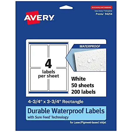 Avery® Waterproof Permanent Labels With Sure Feed®, 94254-WMF50, Rectangle, 4-3/4″ x 3-3/4″, White, Pack Of 200