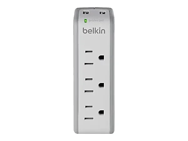 Belkin 3 Outlet Home and Office Surge Protector Wall Mountable with 2 USB-A ports – 918 Joules – White – BST300