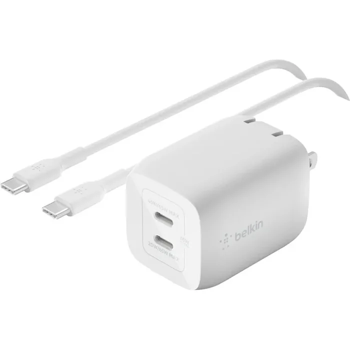 Belkin Dual USB-C GaN Wall Charger with PPS 65W (USB-C to USB-C Cable included) – Power