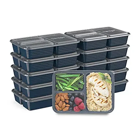 Bentgo Prep 3-Compartment Containers, 6-1/2″H x 6-3/4″W x 9-1/2″D, Navy, Pack Of 10 Containers