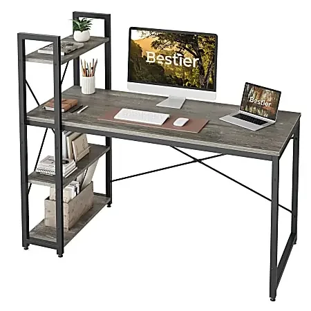 Bestier Modern Office Desk With Storage Shelf & Headset Hook, 56″W, Retro Gray Oak Dark