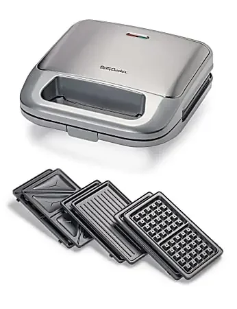 Betty Crocker 3-in-1 Indoor Grill, Sandwich & Waffle Maker Plus, 3-3/4”H x 9-1/4”W x 9”D, Silver