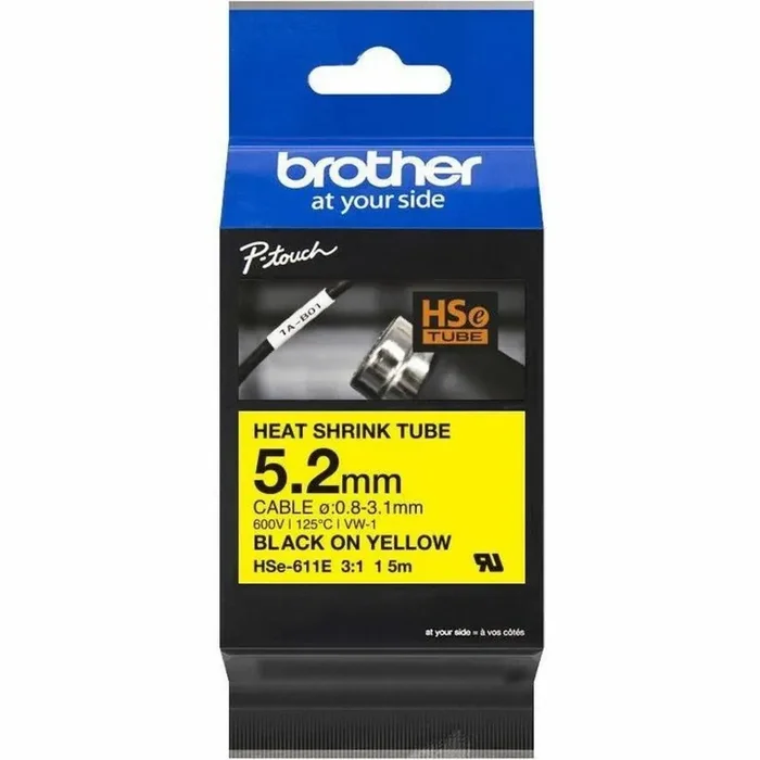 Brother HSe-611E Heat Shrink Tube Tape Cassette – Black on Yellow, 5.2mm wide – 13/64″
