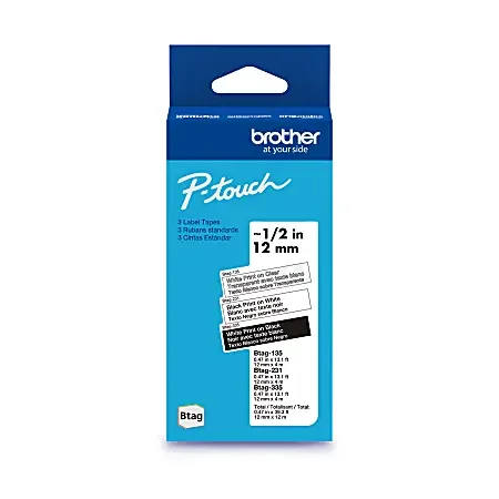Brother P-touch Btag Label Tape, BTAG3M01, 0.47 in by 13.1 ft , White on Clear, Black on White, White on Black, 3-Pack