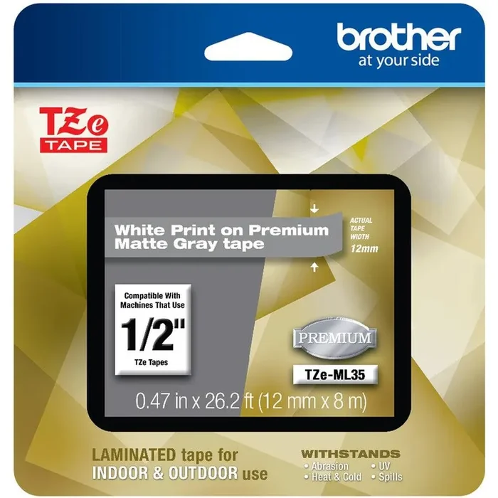 Brother P-touch TZe-ML35 White Print on Premium Matte Gray Laminated Tape 12mm (0.47″) wide x 8m (26.2‘) long