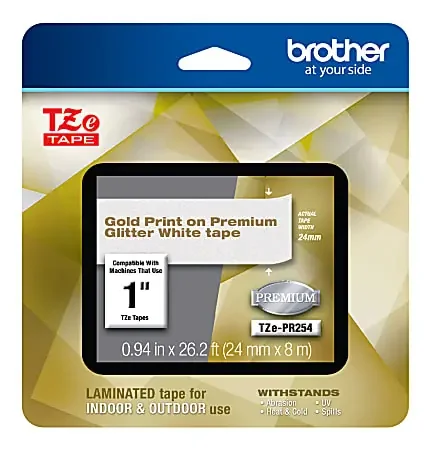 Brother TZe Premium Glitter Laminated Tape, 15/16″ x 26-3/16‘, Gold Ink/White Tape