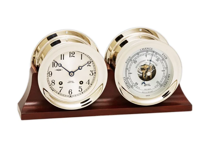 Chelsea Ship’s Bell Clock w/ Hinged Bezel & Barometer Set & base (4.5/Nickel)
