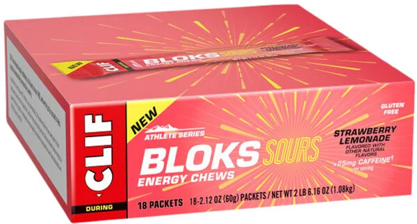 Clif Shot Bloks – Sour Strawberry Lemonade, with 25mg Caffeine, Box of 18