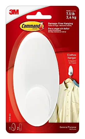 Command Large Clothes Hanger, 1 Hook, 2 White Adhesive Strips, Damage Free Hanging Picture Hangers, No Tools Wall Hanging Strips For Living Spaces