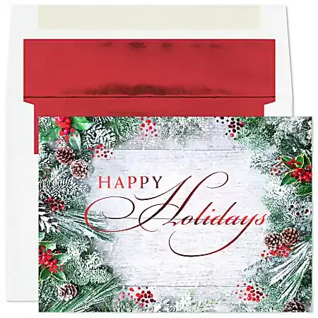 Custom Embellished Holiday Cards And Foil Envelopes, 5-5/8″ x 7-7/8″, Frosted Greens, Box Of 25 Cards/Envelopes