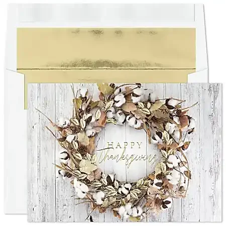 Custom Embellished Thanksgiving Holiday Cards And Foil Envelopes, 7-7/8″ x 5-5/8″, Rustic Autumn Wreath, Box Of 25 Cards