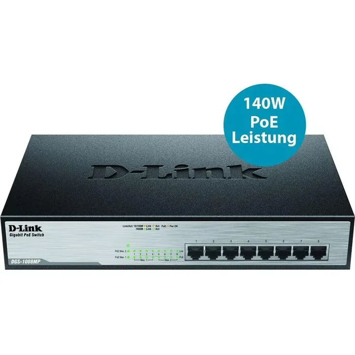 D-Link 8-Ports Gigabit Unmanaged Switch with 8 PoE Ports – 802.3at Support, Rack Mount